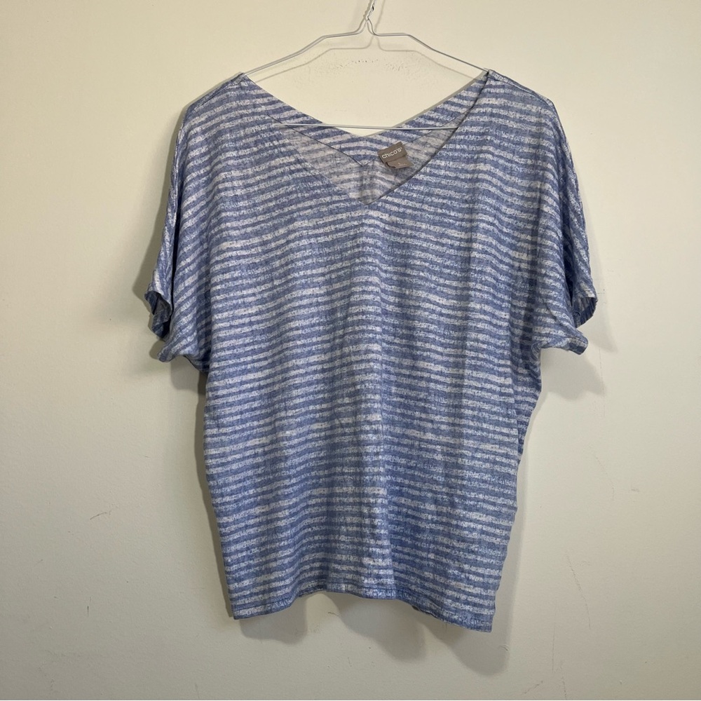 Chico's 100% Linen Striped V-Neck Dolman Short Sleeve Top Blue White Size 3 XL